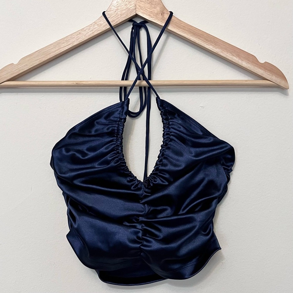 Motel • S • Lily Crop Ruched Halter Top Satin Spandex Navy